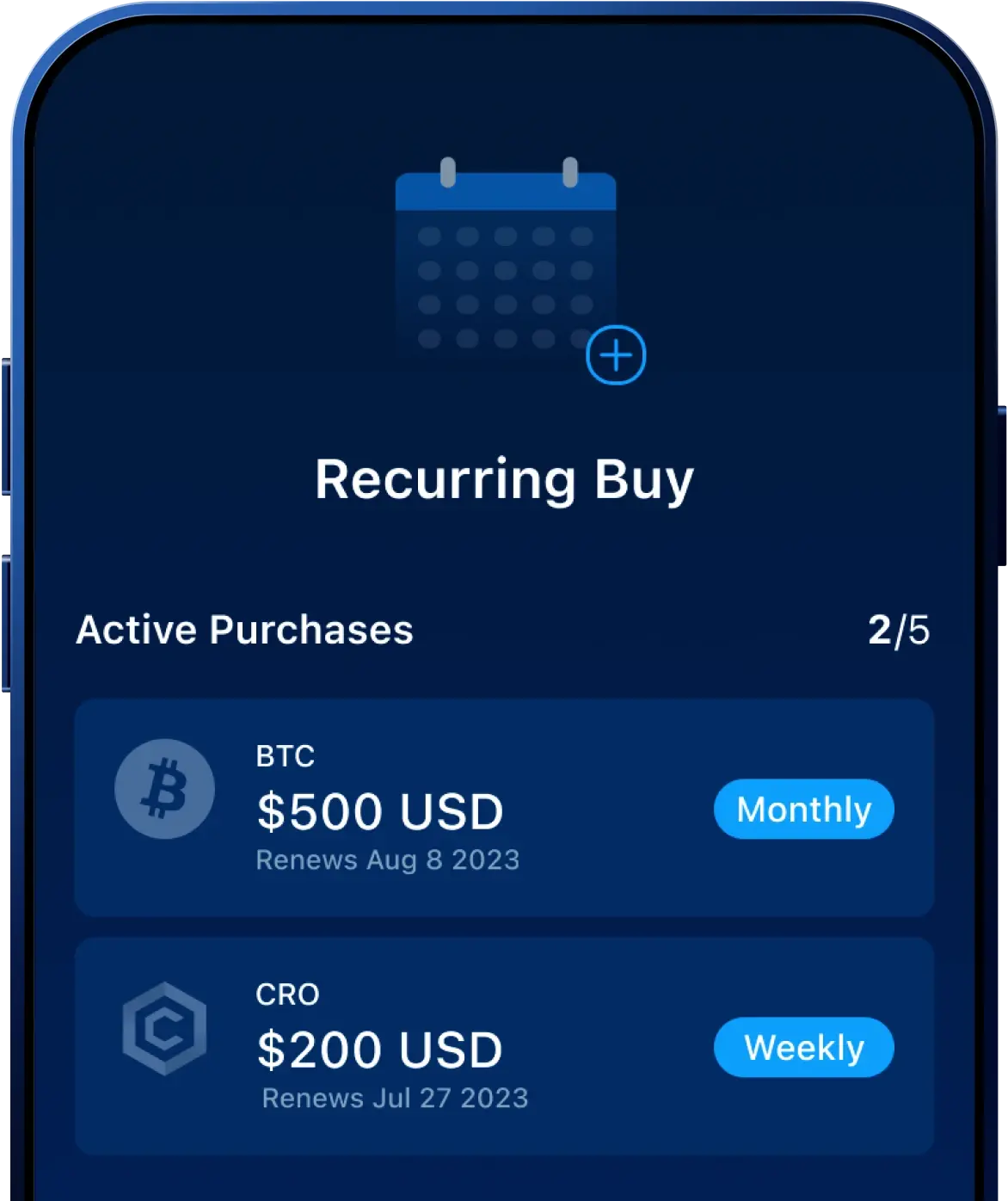 phone with Cryptocrowd.org App open recurring buy page